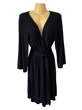 Samantha Chang Wrap Robe Attached Tie Waist Rouged Back Soft Cozy Chic Navy Sm